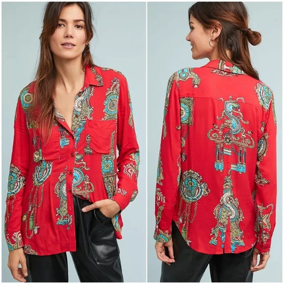 Anthropologie Tops - Anthropologie Maeve Clock Whimsical Shirt Blouse 6